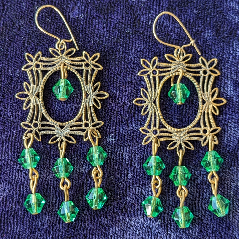 Solid 10K Gold Hooks, Victorian Style Chandelier Earrings With Faux Emeralds
